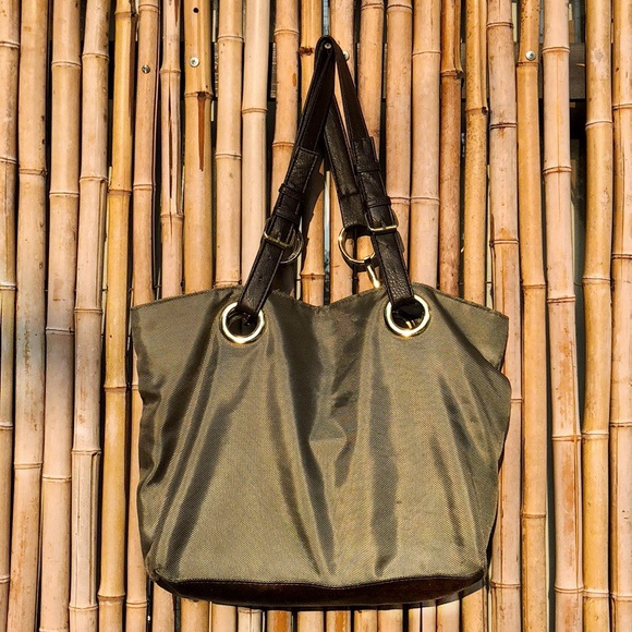 BRACIANO Olive Green Nylon Tote Brown & Gold Trim - Picture 2 of 8